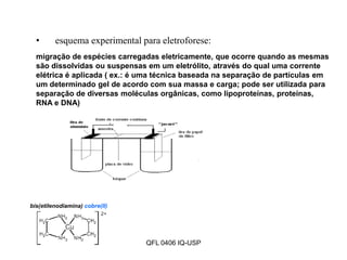 • esquema experimental para eletroforese:
migração de espécies carregadas eletricamente, que ocorre quando as mesmas
são dissolvidas ou suspensas em um eletrólito, através do qual uma corrente
elétrica é aplicada ( ex.: é uma técnica baseada na separação de partículas em
um determinado gel de acordo com sua massa e carga; pode ser utilizada para
separação de diversas moléculas orgânicas, como lipoproteínas, proteínas,
RNA e DNA)
bis(etilenodiamina) cobre(II)
QFL 0406 IQ-USP
 