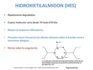 HIDROXIETILALMIDON (HES)
• Rápidamente degradables
• El peso molecular varía desde 70 hasta 670 kDa
• Mejora la respuesta inflamatoria.
• Presenta menor frecuencia de efectos adversos sobre la función renal y
reacciones alérgicas
• Efectos sobre la coagulación.
Colloid solutions: a clinical update Tomi T. Niemi J Anesth (2010) 24:913–925 4 generación
 