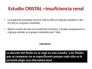 Estudio CRISTAL –insuficiencia renal
• La terapia de reemplazo renal en 156 (11,0%) en el grupo coloides vs 181
(12,5%) en el grupo cristaloides.
• Menor numero de dias con ventilación mecánica y terapia vasopresora en
el grupo coloides vs el grupo cristaloides por 7 días.
La elección del fluido no se cegó en este estudio y los fluidos
que se comparan no se especificaron porque cada sitio se le
permitió elegir una alternativa local
LIMITANTES
 