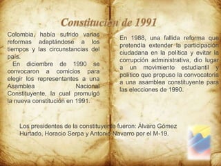 Trajo el servicio de televisión al país Frente Nacional1958-1974liberales y conservadoresAcuerdo de igualdad entre los dos partidos durante este proceso, ya que planteaba que estos se alternaran la presidencia durante sus 16 años de duración y una idéntica cantidad de parlamentarios liberales y conservadores en el Congreso. El principal objetivo de este acuerdo político era la reorganización del país luego de la dictadura del general Gustavo Rojas Pinilla.Los presidentes durante el Frente NacionalAlberto Lleras Camargo (liberal]) 1958-1962.Guillermo León Valencia (conservador) 1962-1966.Carlos Lleras Restrepo (liberal) 1966-1970.Misael Pastrana Borrero (conservador) 1970-1974.