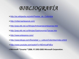 CULTURASe habla de varias regiones culturales, en las cuales las influencias indígena, negroide y europea (en especial española) son diversas. El mestizaje permite hablar de culturas costeras, culturas de vertiente y culturas de altiplano.Lo más trascendental del Colombiano es su “sabor”, su lucha constante, su imaginación y desde luego su Corazón, pues a pesar de las adversidades siempre tiene una sonrisa y un millar de sueños.