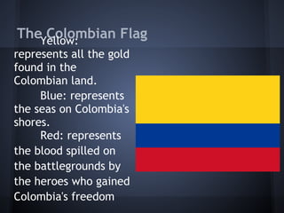 TheYellow:
  
    Colombian Flag
represents all the gold
found in the
Colombian land.
   Blue: represents
the seas on Colombia's
shores.
   Red: represents
the blood spilled on
the battlegrounds by
the heroes who gained
Colombia's freedom
 