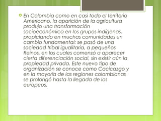    En Colombia como en casi todo el territorio
    Americano, la aparición de la agricultura
    produjo una transformación
    socioeconómica en los grupos indígenas,
    propiciando en muchas comunidades un
    cambio fundamental: se pasó de una
    sociedad tribal igualitaria, a pequeños
    Reinos, en los cuales comenzó a aparecer
    cierta diferenciación social, sin existir aún la
    propiedad privada. Este nuevo tipo de
    organización se conoce como Cacicazgo y
    en la mayoría de las regiones colombianas
    se prolongó hasta la llegada de los
    europeos.
 