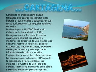 Cartagena de Indias es una ciudad
fantástica que guarda los secretos de la
historia en sus murallas y balcones, en sus
construcciones y en sus angostos caminos
de piedra.
Declarada por la UNESCO Patrimonio
Cultural de la Humanidad en 1984,
Cartagena suma a los encantos de su
arquitectura colonial, republicana y
moderna, los atractivos de una intensa vida
nocturna, festivales culturales, paisajes
exuberantes, magníficas playas, excelente
oferta gastronómica y una importante
infraestructura hotelera y turística.
Es placentero recorrer las calles y observar
las construcciones coloniales, el Palacio de
la Inquisición, la Torre del Reloj, las
murallas y el Castillo de San Felipe de
Barajas, además de disfrutar la brisa cálida
y tranquila desde sus parques y plazas
 