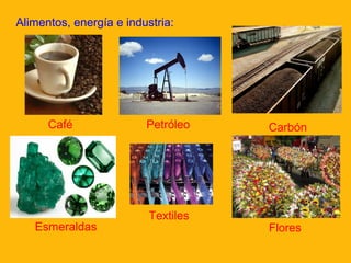 Alimentos, energía e industria:
Café Petróleo Carbón
Esmeraldas
Textiles
Flores
 