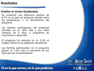 Se evidenció una diferencia positiva de
8.7% en la tasa de asistencia escolar entre
los beneficiarios y no beneficiarios del
programa.
Las familias participantes del programa
inscriben en un 30% más a sus niños
menores de 6 años a programas de
crecimiento y desarrollo.
El programa ha reducido en un 3.2% el
trabajo infantil en su población beneficiaria
Las familias participantes en el programa
gastan un 7.2% mas en educación de sus
hijos que las no participantes
 