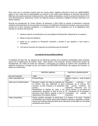 Pero como era un momento propicio para las nuevas ideas, Inglaterra difundió la teoría de LIBRECAMBIO,
según la cual, cada país se especializaba en producir lo que mejor podía abastecer al mercado internacional.
Mientras unos países producían materias primas, otros debían procesarlas y vender el producto terminado. En el
caso latinoamericano, deberíamos vender las materias primas y comprarle a Inglaterra artículos fabricados con
dichas materias.
Durante las presidencias de Tomas Cipriano de Mosquera (1.845-1.849) se impulsó el liberalismo comercial
mediante el levantamiento de los impuestos de aduana, la modificación del sistema monetario, para que pudieran
circular por el país monedas extranjeras y el restablecimiento de la navegación por el rio Magdalena para
impulsar el comercio internacional.
1. Analicen quienes se beneficiarían con las medidas del librecambio. Responda en el cuaderno.
2. Dibuje el mapa de Inglaterra.
3. Ilustre en su cuaderno la Revolución industrial y escriba lo que significó a nivel social y
económico.
4. ¿Por qué la invención de máquinas fue importante para la industria?
La creación de los partidos políticos
A mediados del siglo XIX, los intereses de los diferentes sectores de la sociedad manifestaban ideas opuestas
acerca de la organización del Estado. Estas ideas atraían a las personas, quienes conformaron grupos de
simpatizantes. En medio de todas las opiniones y discusiones por resolver la manera más conveniente de
organizar el gobierno y manejar el país, se fundaron los PARTIDOS POLÍTICOS más antiguos de Colombia: el
liberal y el conservador.
PARTIDO LIBERAL PARTIDO CONSERVADOR
Año de Fundación 1.848 1.849
Ideas redactadas por: Ezequiel Rojas Mariano Ospina y José Eusebio
Caro
Ideas que los diferenciaban Buscaban romper con algunos aspectos de
la Colonia. Poe eso, defendían el libre
comercio, la libre empresa y la propiedad
privada.
Respaldaban la libertad de cultos y de
pensamiento. Apoyaban la idea de que la
educación fuera oficial y gratuita, y que no
dependieran de la iglesia católica.
Buscaban continuar con
tradiciones de la Colonia. Por
esto, querían mantener las
estrechas relaciones con la
iglesia católica, la cual debía ser
la orientadora de la sociedad y
encargarse de manejar la
educación.
Ideas compartidas Ambos partidos apoyaban la democracia y el respeto a las leyes. También
consideraban que el poder debía estar dividido en ejecutivo, legislativo y judicial.
Creían que la Nueva Granada debía tener relaciones comerciales con los países
extranjeros para avanzar.
 