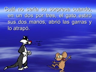 Cuál no sería su sorpresa cuando, en un dos por tres, el gato estiró sus dos manos, abrió las garras y lo atrapó. 