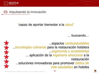 03. impulsando la innovación


                          “capaz de aportar bienestar a la salud”


                                                                                              … buscando…

                                         …espacios cardiosaludables
                …tecnologías culinarias para la restauración hotelera
                                         …ergonomía y accesibilidad
                        … aplicación de la ingeniería emocional a la
                                                         restauración
                 …soluciones innovadoras para promover estilos de
                                          vida saludables en hoteles
Sociedad Estatal para la Gestión de la Innovación y las Tecnologías Turísticas, S.A.   62 |
 
