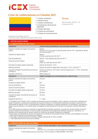 © ICEX España Exportación e Inversiones - Pº de la Castellana 14 28046 MADRID - 902 349 000 1
Costes de establecimiento en Colombia 2012
1. Costes societarios
2. Sistema fiscal
3. Costes inmobiliarios
4. Condiciones del personal
expatriado
5. Costes laborales
6. Costes de suministros
7. Costes de comunicaciones
Moneda
Tipo de cambio: 3,0E-4 € = 1 $
02 de julio de 2013
Elaborado el 30 de Marzo de 2012
Con tipo de cambio: 2350 Peso colombiano (COP) / EUR
1. COSTES SOCIETARIOS
1.1 CONSTITUCIÓN DE UNA FILIAL
CONCEPTO COSTES TÍPICOS (REFERIDO A UNA SOCIEDAD GENÉRICA)
Derechos notariales del registro de la ecritura
pública
Notaría:
Entre el 2,7% y 3,2% sobre el valor del capital más IVA 16%*, dependiendo del tipo
de escritura pública** ***
Impuesto de registro público Notaría:
0,5% por cada hoja más IVA 16%***
Acto de beneficiencia Notaría: 1% del capital social más IVA 16%****
Copias de escritura pública Notaría:
0,90 € por cada hoja más IVA 16%***
Formulario de registro público empresarial Cámara de Comercio: 1,47 €
Matrícula mercantil Cámara de Comercio: Según tabla. Varía entre 11,19 € y 556,15 € ****
Impuesto de Registro mercantil del documento de
constitución
Cámara de Comercio: 0,7% sobre el valor del capital social + 11,19 € de derechos
de inscripción
Expedición del RUT (1) DIAN: Gratuito (2)
CONCEPTO TIEMPO ESTIMADO DE LOS PROCESOS DE CONSTITUCIÓN
Derechos notariales del registro de la ecritura
pública
24 horas
Impuesto de registro público N/A
Acto de beneficiencia 24 horas
Copias de escritura pública 24 horas
Formulario de registro público empresarial 24 horas
Matrícula mercantil 24 horas
Impuesto de registro mercantil del documento de
constitución
24 horas
Expedición del RUT (1) 1 – 5 días
(1) El Registro Único Tributario -RUT- constituye el mecanismo único para identificar, ubicar y clasificar a las personas y entidades que
tengan la calidad de contribuyentes declarantes del Impuesto de Renta y no contribuyentes declarantes de ingresos y patrimonio, los
responsables del régimen común, los pertenecientes al régimen simplificado, los agentes retenedores, los importadores, exportadores y
demás usuarios aduaneros; y los demás sujetos de obligaciones administradas por la Dirección de Impuestos y Aduanas Nacionales –
DIAN
(2) La DIAN existe para coadyuvar a garantizar la seguridad fiscal del Estado colombiano y la protección del orden público económico
nacional, mediante la administración y control al debido cumplimiento de las obligaciones tributarias, aduaneras y cambiarias, y la
facilitación de las operaciones de comercio exterior en condiciones de equidad, transparencia y legalidad*
* El porcentaje varía dependiendo del tipo de sociedad que se constituya. El porcentaje más alto se refiere a las sociedades por acciones
** Dato según la agencia de inversiones Invest in Bogotá
*** Dato según la Superintendencia de Notariado y Registro (Resolución Nº 10301 de 2009)
**** Varía dependiendo de los activos de la sociedad
1.2 CONSTITUCIÓN DE UNA SUCURSAL
CONCEPTO COSTES TÍPICOS (REFERIDO A UNA SOCIEDAD GENÉRICA)
Derechos notariales del registro de la ecritura
pública
Notaría:
Entre el 2,7% y 3,2% sobre el valor del capital de la compañía más IVA 16%*,
 