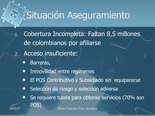 Situación Aseguramiento Cobertura Incompleta: Faltan 8,5 millones de colombianos por afiliarse Acceso insuficiente: Barreras,  Inmovilidad entre regímenes El POS Contributivo y Subsidiado sin  equipararse Selección de riesgo y selección adversa Se requiere tutela para obtener servicios (70% son POS) 