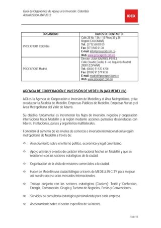 Guía de Organismos de Apoyo a la Inversión: Colombia
Actualización abril 2012
5 de 18
ORGANISMO DATOS DE CONTACTO
PROEXPOR...