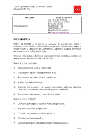 Guía de Organismos de Apoyo a la Inversión: Colombia
Actualización abril 2012
7 de 18
ORGANISMO DATOS DE CONTACTO
PROBARRA...