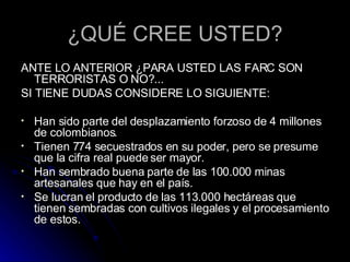 ¿QUÉ CREE USTED? ANTE LO ANTERIOR ¿PARA USTED LAS FARC SON TERRORISTAS O NO?... SI TIENE DUDAS CONSIDERE LO SIGUIENTE: Han sido parte del desplazamiento forzoso de 4 millones de colombianos. Tienen 774 secuestrados en su poder, pero se presume que la cifra real puede ser mayor. Han sembrado buena parte de las 100.000 minas artesanales que hay en el país. Se lucran el producto de las 113.000 hectáreas que tienen sembradas con cultivos ilegales y el procesamiento de estos. 