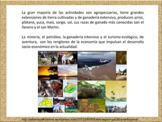 La gran mayoría de las actividades son agropecuarias, tiene grandes
extensiones de tierra cultivadas y de ganadería extensiva, producen arroz,
plátano, yuca, maíz, sorgo, sal, sus razas de ganado más conocidas son el
llanero y el san Martin.
La minería, el petróleo, la ganadería intensiva y el turismo ecológico, de
aventura, son los renglones de la economía que impulsan el desarrollo
socio-económico en la actualidad.
http://latierrayelhombre.wordpress.com/2012/09/05/fotos-region-pacifica-la-bocana/
 