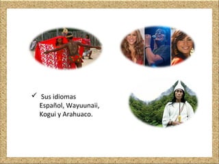  Sus idiomas
Español, Wayuunaii,
Kogui y Arahuaco.
 