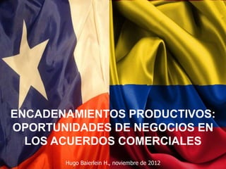 ENCADENAMIENTOS PRODUCTIVOS:
OPORTUNIDADES DE NEGOCIOS EN
  LOS ACUERDOS COMERCIALES
       Hugo Baierlein H., noviembre de 2012
 