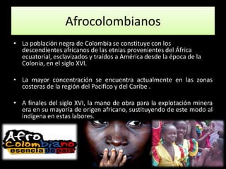 Afrocolombianos
• La población negra de Colombia se constituye con los
  descendientes africanos de las etnias provenientes del África
  ecuatorial, esclavizados y traídos a América desde la época de la
  Colonia, en el siglo XVI.

• La mayor concentración se encuentra actualmente en las zonas
  costeras de la región del Pacifico y del Caribe .

• A finales del siglo XVI, la mano de obra para la explotación minera
  era en su mayoría de origen africano, sustituyendo de este modo al
  indígena en estas labores.
 