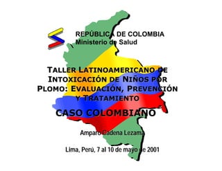 REPÚBLICA DE COLOMBIA
        Ministerio de Salud



  TALLER LATINOAMERICANO DE
  INTOXICACIÓN DE NIÑOS POR
PLOMO: EVALUACIÓN, PREVENCIÓN
        Y TRATAMIENTO

   CASO COLOMBIANO

          Amparo Cadena Lezama

     Lima, Perú, 7 al 10 de mayo de 2001
 