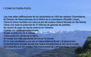 Y COMO SI FUERA POCO:


-Las mas altas calificaciones de los doctorados en USA las realizan Colombianos.
-El Director de Neurociencias de la NASA es el colombiano (Rodolfo Llinas).
-Tiene la única montaña con nieve al pie del océano (Sierra Nevada de Sta Marta).
-Tiene una reserva potencial de 37 billones de galones de petróleo.
-Es record de pago de deuda externa sin retrasos.
-Cuenta con orbita geoestacionaria.
-Posee el único río de 5 colores.
-Tiene todos los climas de la tierra.
-El museo con más esculturas de oro en el mundo.
-El río mas caudaloso y a la vez el mayor sistema fluvial ( el amazonas).
-Colombia tiene el lugar donde más llueve durante todo el año en el mundo.
-De Colombia son los artistas más reconocidos de Latinoamérica.

                            Felicitaciones al Autor de ésta Maravillosa
  19 de Agosto de 2012                                                         6
                                           Presentación
 