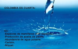COLOMBIA ES CUARTA:
En:
-Especies de mamíferos (456 especies).
-Producción de aceite de palma.
-Abundancia de agua potable.
-Carbón.
-Níquel.17 de julio de 2014
Felicitaciones al Autor de ésta Maravillosa
Presentación
5
 