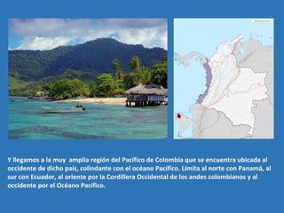Y llegamos a la muy amplia región del Pacífico de Colombia que se encuentra ubicada al
occidente de dicho país, colindante con el océano Pacífico. Limita al norte con Panamá, al
sur con Ecuador, al oriente por la Cordillera Occidental de los andes colombianos y al
occidente por el Océano Pacífico.
 