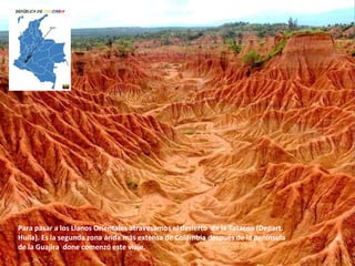 Para pasar a los Llanos Orientales atravesamos el desierto de la Tatacoa (Depart.
Huila). Es la segunda zona árida más extensa de Colombia después de la península
de la Guajira done comenzó este viaje.
 