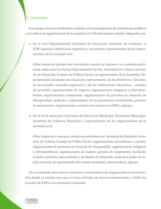 3.2. Conformación.
Los equipos técnicos territoriales contarán con la participación de instituciones públicas
y privadas y de organizaciones de la sociedad civil. De esta manera, estarán integrados por:
a. En el nivel departamental: Secretaría de Educación, Secretaría de Gobierno, el
ICBF regional y defensorías regionales y seccionales, representantes de las organi-
zaciones de la sociedad civil.
Otras instancias pueden ser convocadas cuando se requiera o se considere perti-
nente, tales como la oficina Departamental de Paz, Secretaría de Cultura, Secreta-
ría de Hacienda, Consejo de Política Social, un representante de la Asamblea De-
partamental, facultades de educación, representantes de los directivos y docentes
de las escuelas normales superiores y de las instituciones educativas, consejos
de juventud, organizaciones de mujeres, organizaciones indígenas y afrocolom-
bianas, organizaciones campesinas, organizaciones de personas en situación de
discapacidad, sindicatos, representante de los personeros estudiantiles, gremios
de empresarios, organizaciones sociales con acciones en EDH e iglesias;
b. En el nivel municipal: Secretaría de Educación Municipal, Personería Municipal,
Secretaría de Gobierno Municipal y representantes de las organizaciones de la
sociedad civil.
Otras instancias a convocar cuando sea pertinente son: Secretaría de Hacienda, Secre-
taría de Cultura, Consejo de Política Social, organizaciones comunitarias y sociales,
organizaciones de personas en situación de discapacidad, organizaciones indígenas
y afrocolombianas, organizaciones de mujeres, gremios de empresarios, facultades
escuelas normales, universidades y facultades de educación, sindicatos, juntas de ac-
ción comunal, un representante del consejo municipal, comunicadores, iglesias.
No se pretende crear nuevas instancias o mecanismos de organización en los territo-
rios donde ya existan sino que se busca articular de manera intencionada y visible las
acciones de EDH a los escenarios existentes.
 