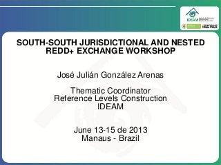 SOUTH-SOUTH JURISDICTIONAL AND NESTED
REDD+ EXCHANGE WORKSHOP
José Julián González Arenas
Thematic Coordinator
Reference Levels Construction
IDEAM
June 13-15 de 2013
Manaus - Brazil
 