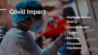 Covid Impact
- Healthcare System
Strain
- Economic Impact
- Tourism
- Education
- Vulnerable
Populations
 