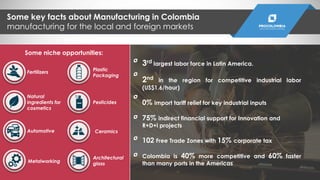 Some key facts about Manufacturing in Colombia
manufacturing for the local and foreign markets
Some niche opportunities:
A...
