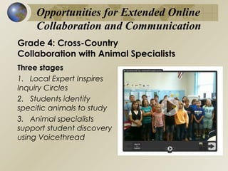 Opportunities for Extended Online
Collaboration and Communication
Grade 4: Cross-Country
Collaboration with Animal Specialists
Three stages
1. Local Expert Inspires
Inquiry Circles
2. Students identify
specific animals to study
3. Animal specialists
support student discovery
using Voicethread

 