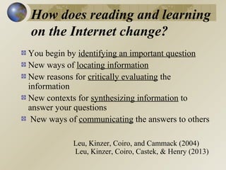 How does reading and learning
on the Internet change?
You begin by identifying an important question
New ways of locating information
New reasons for critically evaluating the
information
New contexts for synthesizing information to
answer your questions
New ways of communicating the answers to others
Leu, Kinzer, Coiro, and Cammack (2004)
Leu, Kinzer, Coiro, Castek, & Henry (2013)

 
