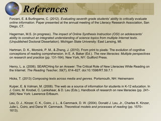 References
Forzani, E. & Burlingame, C. (2012). Evaluating seventh grade students’ ability to critically evaluate
online information. Paper presented at the annual meeting of the Literacy Research Association, San
Diego, CT.
Hagerman, M.S. (in progress). The impact of Online Synthesis Instruction (OSI) on adolescents’
ability to construct an integrated understanding of science topics from multiple Internet texts.
(Unpublished Doctoral Dissertation). Michigan State University: East Lansing, MI.
Hartman, D. K., Morsink, P. M., & Zheng, J. (2010). From print to pixels: The evolution of cognitive
conceptions of reading comprehension. In E. A. Baker (Ed.). The new literacies: Multiple perspectives
on research and practice (pp. 131-164). New York, NY: Guilford Press.
Henry, L. a. (2006). SEARCHing for an Answer: The Critical Role of New Literacies While Reading on
the Internet. The Reading Teacher, 59(7), 614–627. doi:10.1598/RT.59.7.1
Hicks, T. (2013) Composing texts across media and genres. Portsmouth, NH: Heinemann
Kuiper, E. & Volman, M. (2008). The web as a source of information for students in K-12 education. In
J. Coiro, M. Knobel, C. Lankshear, & D. Leu (Eds.), Handbook of research on new literacies (pp. 241266) New York: Lawrence Erlbaum.
Leu, D. J., Kinzer, C. K., Coiro, J. L., & Cammack, D. W. (2004). Donald J. Leu, Jr., Charles K. Kinzer,
Julie L. Coiro, and Dana W. Cammack. Theoretical models and processes of reading (pp. 1570–
1613).

 
