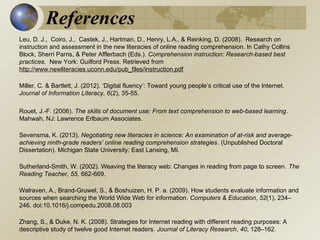 References
Leu, D. J., Coiro, J., Castek, J., Hartman, D., Henry, L.A., & Reinking, D. (2008). Research on
instruction and assessment in the new literacies of online reading comprehension. In Cathy Collins
Block, Sherri Parris, & Peter Afflerbach (Eds.). Comprehension instruction: Research-based best
practices. New York: Guilford Press. Retrieved from
http://www.newliteracies.uconn.edu/pub_files/instruction.pdf
Miller, C. & Bartlett, J. (2012). ‘Digital fluency’: Toward young people’s critical use of the Internet.
Journal of Information Literacy, 6(2), 35-55.
Rouet, J.-F. (2006). The skills of document use: From text comprehension to web-based learning.
Mahwah, NJ: Lawrence Erlbaum Associates.
Sevensma, K. (2013). Negotiating new literacies in science: An examination of at-risk and averageachieving ninth-grade readers’ online reading comprehension strategies. (Unpublished Doctoral
Dissertation). Michigan State University: East Lansing, MI.
Sutherland-Smith, W. (2002). Weaving the literacy web: Changes in reading from page to screen. The
Reading Teacher, 55, 662-669.
Walraven, A., Brand-Gruwel, S., & Boshuizen, H. P. a. (2009). How students evaluate information and
sources when searching the World Wide Web for information. Computers & Education, 52(1), 234–
246. doi:10.1016/j.compedu.2008.08.003
Zhang, S., & Duke, N. K. (2008). Strategies for Internet reading with different reading purposes: A
descriptive study of twelve good Internet readers. Journal of Literacy Research, 40, 128–162.

 