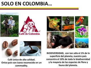 SOLO EN COLOMBIA…

Café único de alta calidad.
Único país con icono reconocido en un
commodity.

BIODIVERSIDAD, con tan só...