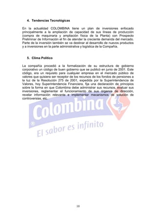 4. Tendencias Tecnológicas

En la actualidad COLOMBINA tiene un plan de inversiones enfocado
principalmente a la ampliación de capacidad de sus líneas de producción
(compra de maquinaria y ampliación física de la Planta) con Prospecto
Preliminar de Información el fin de atender la creciente demanda del mercado.
Parte de la inversión también se va destinar al desarrollo de nuevos productos
y a inversiones en la parte administrativa y logística de la Compañía.


   5. Clima Político

La compañía procedió a la formalización de su estructura de gobierno
corporativo un código de buen gobierno que se publicó en junio de 2001. Este
código, era un requisito para cualquier empresa en el mercado público de
valores que quisiera ser receptor de los recursos de los fondos de pensiones a
la luz de la Resolución 275 de 2001, expedida por la Superintendencia de
Valores, hoy Superintendencia Financiera, fija una declaración de principios
sobre la forma en que Colombina debe administrar sus recursos, evaluar sus
inversiones, reglamentar el funcionamiento de sus órganos de dirección,
revelar información relevante e implementar mecanismos de solución de
controversias, etc.




                                     10
 