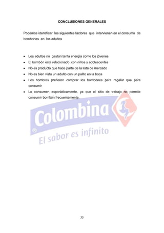 CONCLUSIONES GENERALES


Podemos identificar los siguientes factores que intervienen en el consumo de
bombones en los adultos




   Los adultos no gastan tanta energía como los jóvenes
   El bombón esta relacionado con niños y adolescentes
   No es producto que hace parte de la lista de mercado
   No es bien visto un adulto con un palito en la boca
   Los hombres prefieren comprar los bombones para regalar que para
   consumir
   Lo consumen esporádicamente, ya que el sitio de trabajo no permite
   consumir bombón frecuentemente.




                                      35
 
