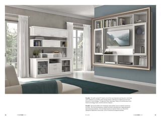 Arcadia. The wall-mounted TV stand is one of the most important new features in the living
room collections: an excellent space-saving solution, while also an original structure from
the point of view of design. This genuine frame, featuring a Titanio Lux and Bucaneve finish,
frames technology, books, and lots and lots of objects.
Arcadia. Настенная мебель для телевизора представляет одну из новинок коллекции
гостиных. Это отличное решение, которое экономит пространство и характеризуется
оригинальным дизайном. Эта настоящая картина в отделке Titanio Lux и Bucaneve
прекрасно обрамляет технологию, книги и множество предметов декора.
9998 DI CASA
 