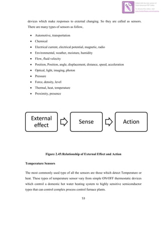 53
devices which make responses to external changing. So they are called as sensors.
There are many types of sensors as follow,
 Automotive, transportation
 Chemical
 Electrical current, electrical potential, magnetic, radio
 Environmental, weather, moisture, humidity
 Flow, fluid velocity
 Position, Position, angle, displacement, distance, speed, acceleration
 Optical, light, imaging, photon
 Pressure
 Force, density, level
 Thermal, heat, temperature
 Proximity, presence
Figure 2.45:Relationship of External Effect and Action
Temperature Sensors
The most commonly used type of all the sensors are those which detect Temperature or
heat. These types of temperature sensor vary from simple ON/OFF thermostatic devices
which control a domestic hot water heating system to highly sensitive semiconductor
types that can control complex process control furnace plants.
External
effect
Sense Action
Edited with the trial version of
Foxit Advanced PDF Editor
To remove this notice, visit:
www.foxitsoftware.com/shopping
 