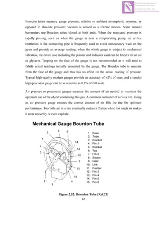 62
Bourdon tubes measure gauge pressure, relative to ambient atmospheric pressure, as
opposed to absolute pressure; vacuum is sensed as a reverse motion. Some aneroid
barometers use Bourdon tubes closed at both ends. When the measured pressure is
rapidly pulsing, such as when the gauge is near a reciprocating pump, an orifice
restriction in the connecting pipe is frequently used to avoid unnecessary wear on the
gears and provide an average reading; when the whole gauge is subject to mechanical
vibration, the entire case including the pointer and indicator card can be filled with an oil
or glycerin. Tapping on the face of the gauge is not recommended as it will tend to
falsify actual readings initially presented by the gauge. The Bourdon tube is separate
from the face of the gauge and thus has no effect on the actual reading of pressure.
Typical high-quality modern gauges provide an accuracy of ±2% of span, and a special
high-precision gauge can be as accurate as 0.1% of full scale.
Air pressure or pneumatic gauges measure the amount of air needed to maintain the
optimum use of the object containing this gas. A common container of air is a tire. Using
an air pressure gauge ensures the correct amount of air fills the tire for optimum
performance. Too little air in a tire eventually makes it flatten while too much air makes
it wear unevenly or even explode.
Figure 2.52: Bourdon Tube [Ref.29]
Edited with the trial version of
Foxit Advanced PDF Editor
To remove this notice, visit:
www.foxitsoftware.com/shopping
 