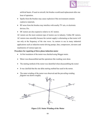 64
artificial hearts. If used on aircraft, the brushes would need replacement after one
hour of operation.
 Sparks from the brushes may cause explosion if the environment contains
explosive materials.
 RF noise from the brushes may interfere with nearby TV sets, or electronic
devices, Etc.
 DC motors are also expensive relative to AC motors.
AC motors are the most common type of motors use in industry. Unlike DC motors,
AC motors runs smoothly because the current supply is alternating so that motor will
run only at the frequency of the sine wave. Ac motors re use in many industrial
applications such as induction motor driving pumps, fans, compressors, elevators and
machineries of various types etc.
Procedure for repairing of three phase induction motor
 At first insulation of the motor was checked using Megger meter.
 Motor was disassembled and the operations like washing were done.
 The starting method of the motor was identified when disassembling the motor
 It was clarified that the star delta starting method has used in the motor.
 The stator winding of the motor was observed and the prevailing winding
diagram was drawn roughly
Figure 2.53: Stator Winding of the Motor
Edited with the trial version of
Foxit Advanced PDF Editor
To remove this notice, visit:
www.foxitsoftware.com/shopping
 