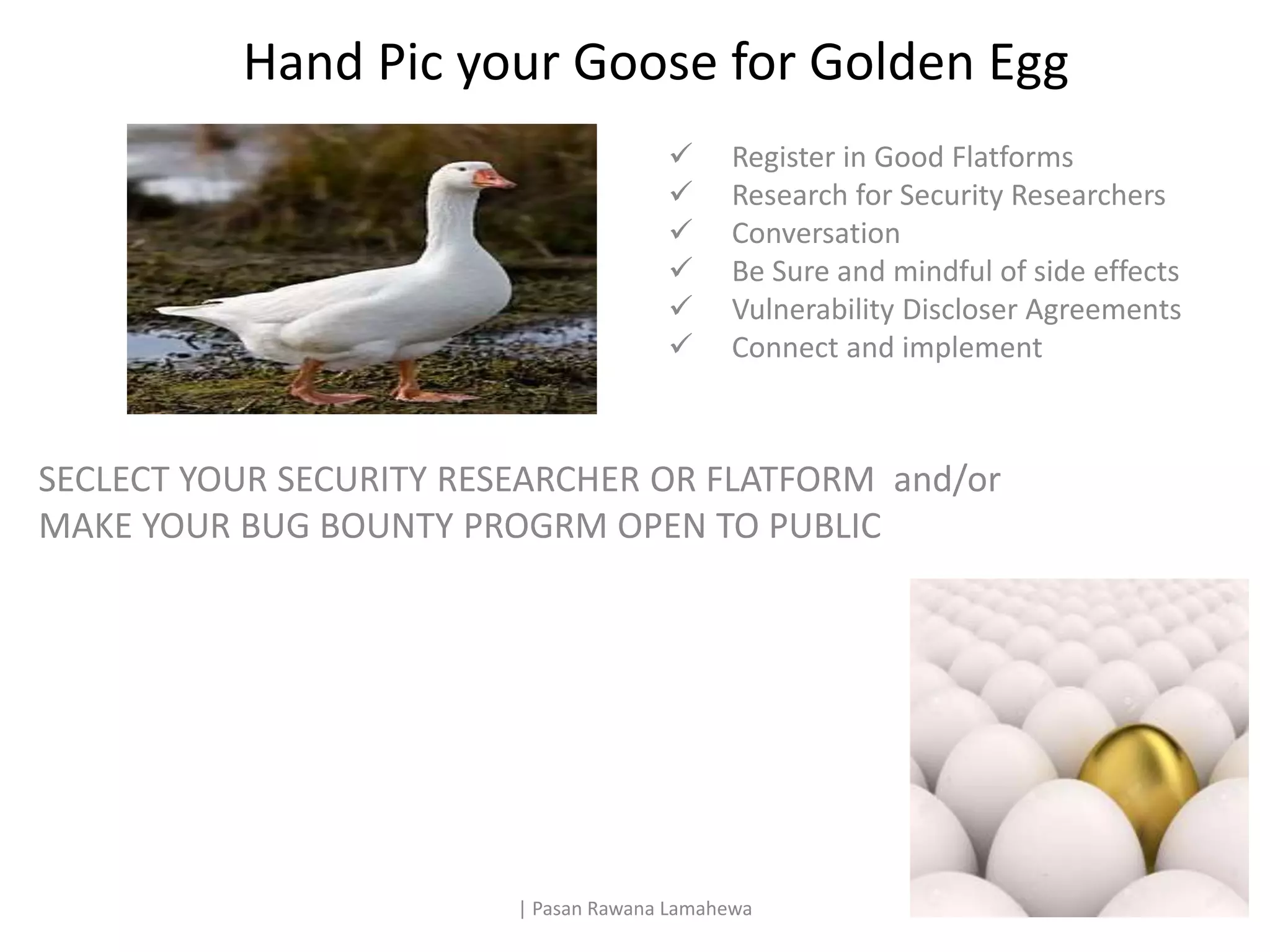 Hand Pic your Goose for Golden Egg
 Register in Good Flatforms
 Research for Security Researchers
 Conversation
 Be Sure and mindful of side effects
 Vulnerability Discloser Agreements
 Connect and implement
| Pasan Rawana Lamahewa
SECLECT YOUR SECURITY RESEARCHER OR FLATFORM and/or
MAKE YOUR BUG BOUNTY PROGRM OPEN TO PUBLIC
 