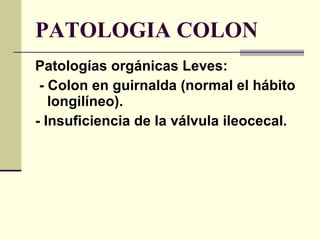 PATOLOGIA COLON Patologías orgánicas Leves: - Colon en guirnalda (normal el hábito longilíneo). - Insuficiencia de la válvula ileocecal. 