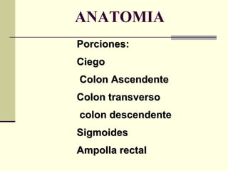 ANATOMIA Porciones:  Ciego Colon Ascendente Colon transverso colon descendente Sigmoides  Ampolla rectal 