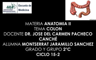 MATERIA ANATOMIA II
TEMA COLON
DOCENTE DR. JOSE DEL CARMEN PACHECO
CANCHÉ
ALUMNA MONTSERRAT JARAMILLO SANCHEZ
GRADO Y GRUPO 2°C
CICLO 15-2
 