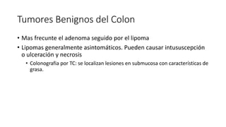 Tumores Benignos del Colon
• Mas frecunte el adenoma seguido por el lipoma
• Lipomas generalmente asintomáticos. Pueden causar intususcepción
o ulceración y necrosis
• Colonografia por TC: se localizan lesiones en submucosa con características de
grasa.
 