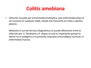 Colitis amebiana
• Infección causada por la Entamoeba histolytica, esta enfermedad ataca al
ser humano en cualquier edad, siendo más frecuente en niños y adultos
jóvenes.
Mediante el uso de técnicas diagnósticas se puede diferenciar entre la
infección por E. Histolytica y E. dispar, lo cual es importante porque la
última no es patógena y no presenta respuesta inmunológica humoral, ni
enfermedad invasiva.
 