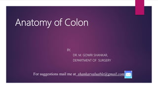 Anatomy of Colon
BY,
DR. M. GOWRI SHANKAR,
DEPARTMENT OF SURGERY
For suggestions mail me at shankarvaluable@gmail.com
 