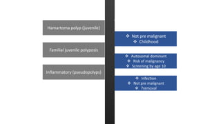  Not pre malignant
 Childhood
Hamartoma polyp (juvenile)
 Autosomal dominant
 Risk of malignancy
 Screening by age 10
Familial juvenile polyposis
 Infection
 Not pre malignant
 ?removal
Inflammatory (pseudopolyps)
and Against Argument
 